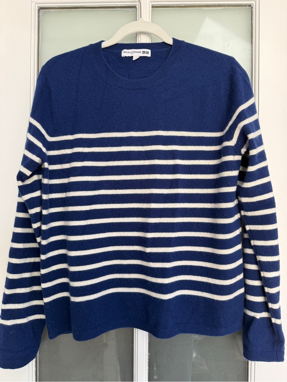 Uniqlo Navy and White Striped Cashmere Crewneck Sweater